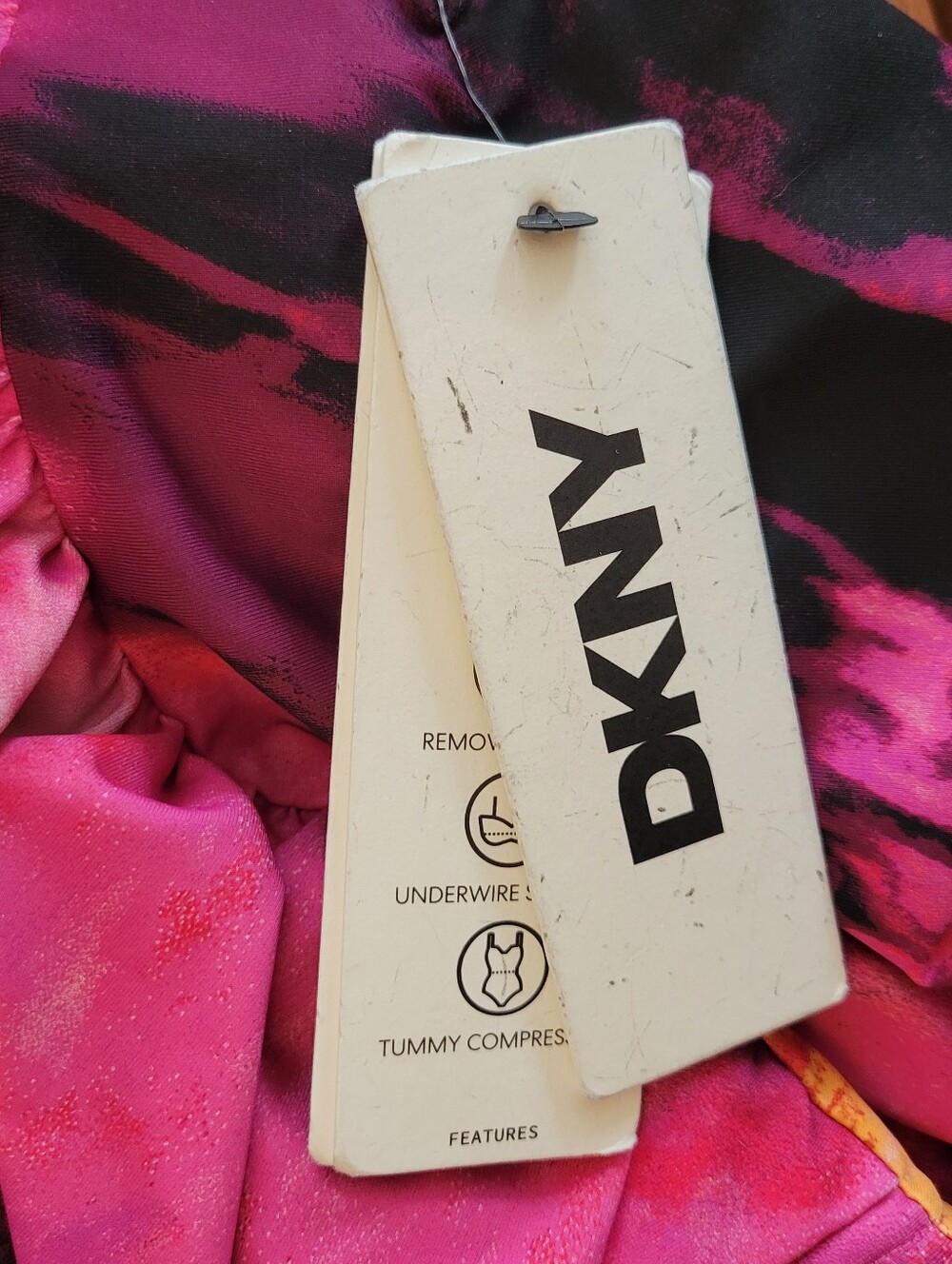 NWT DKNY Pink Watercolor Ruffle One Piece Swimsuit Size Small - Picture 5 of 5